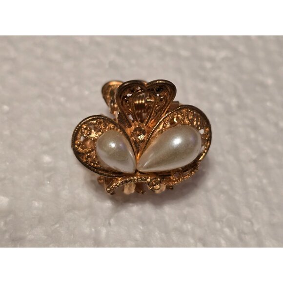 Vintage Gold-Tone Hair Claw Clip Faux Pearl Embellishments & Intricate Filigree - Picture 1 of 5